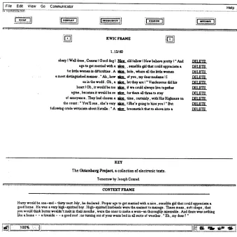 Figure 1: KW!C Display of search Results: the user has selected options which allow results to be deleted and which indicate which sub-corpus each hit comes from