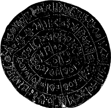 Figure 1: The Phaistos Disk (c. 1700BC). The disk is six inches wide, double-sided, and is the 