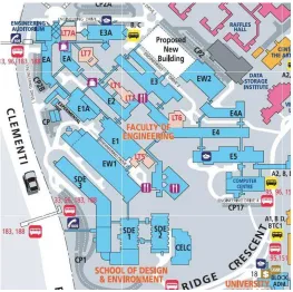 Fig 3: Campus Map (part) of National University Singapore  NUS Engineering Faculty was chosen as the venue of the first 3 trials of “experiment” (see Fig 3), where even staffs and students complained about the problems of disorientation