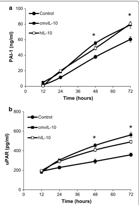 Fig. 3 PAI-1 and uPAR levels are elevated upon exposure to cmvIL-10 or hIL-10. a MDA-MB-231 cells were cultivated in the presence of 10 ng/ml purified recombinant cmvIL-10 or hIL-10