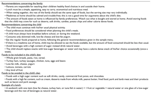 Table 1: Summary of the nutrition education guide used in one treatment group