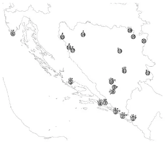 Fig. 1. Camponotus lateralis group distribution map on western Balkan peninsula: The circle with a  number indicates locations: 1-Herceg Novi and Savinjska wood, 2-Konavle, Lovorno,  3-Dubrovnik, Velika and Mala Petka, 4-Peljesac, Janjina, 5-Split, 6-Pula,