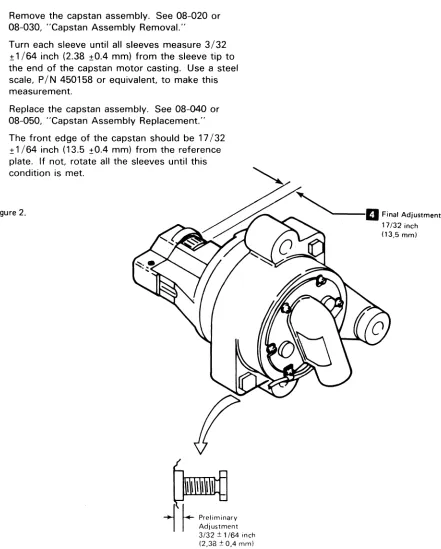 The front edge of the capstan should be 17/32 ± 1/64 inch (13.5 ±0.4 mm) from the reference plate