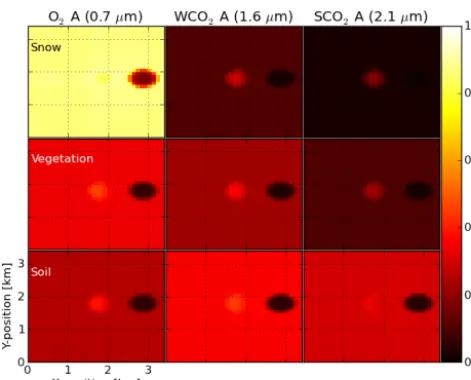 Figure 3. Overhead views of the scene reﬂectance as simulated bySHDOM, for a channel within each OCO-2 band that has relativelylow gas absorption