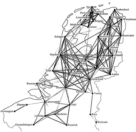 Figure 1: The distances calculated between the 40 pairs of Dutch dialects. Darker lines correspond to phonetically proximate language variants, lighter lines to more distant variants