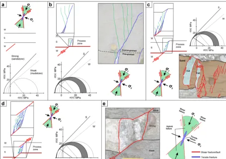 Figure 9. Multi-stage conceptual mechanical evolution for the formation and propagation of the studied refracted faults, coupled with Mohrdiagrams; see text for explanation