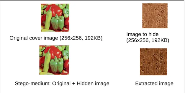 Figure 11: A sample result of a 2-bit LSB Hiding. The image size ratio of the embedding image  to the cover image is 1:1