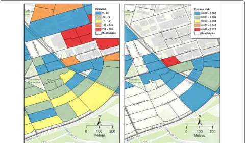 Fig. 3 Lday,16h noise exposure at a 10 × 10-m pixels (left) and b meshblocks (MBs; right)