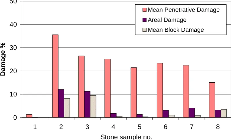 Figure 8  Summary of the lateral extent and penetrative nature of damage generated during testing in  CERAM apparatus after 200 cycles  