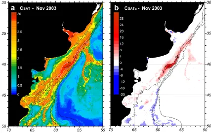 Fig. 11. (a) Mean surface chlorophyll-10 mg ma distribution and (b) anomaly in November 2003 based on SeaWiFS data
