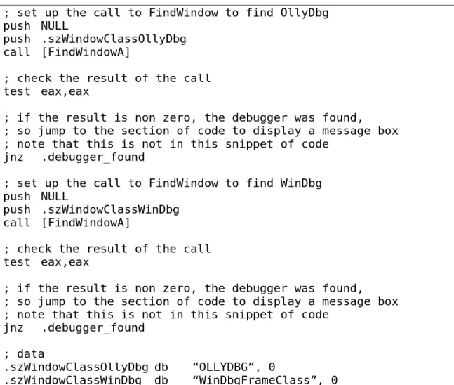 Figure 2-4  Partial implementation of FindWindowA  function  to find  popular debuggers (Yason, 2007, p