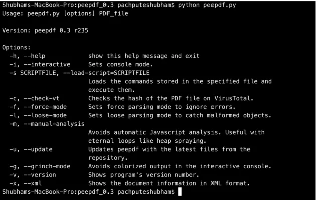 Fig 10. Usage of peepdf tool 