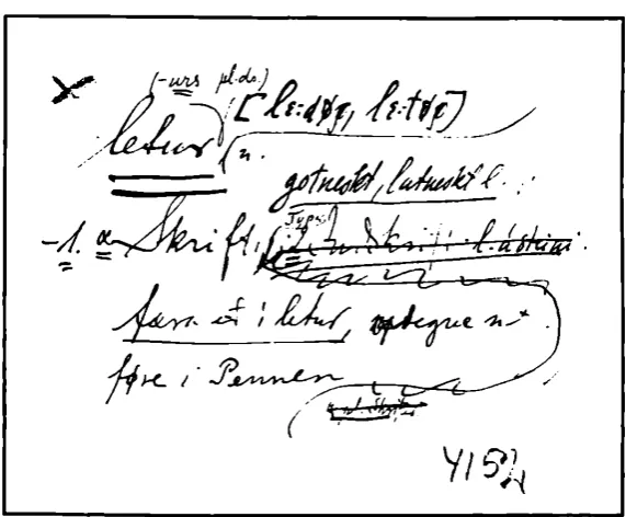 Figure 4: A sample entry from the dictionary by S ig fu s B lo n d a l and one of the dictionary slips on which it is based