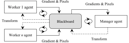 Fig 7 Flow of gradient data and updated transform parameters between agents.  Once updated by the Manager, transform parameters are propagated to all Worker agents