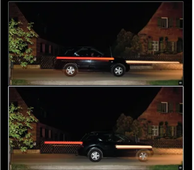 Fig. 55:  First vs. second curtain sync: This examples shows the  same scene photographed with first curtain sync (above) and  second curtain sync (below) 