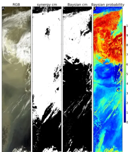 Figure 11. Similar to Fig. 10 but a larger area corresponding toFig. 2 is shown. (b) shows results of the non-Bayesian Synergycloud mask where the strong dust storm is completely classiﬁed ascloud