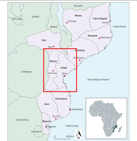 Fig. 1 Political map of Mozambique, with red box outlining Sofala and Manica provinces, the target area for the present community survey sampling frame [20]