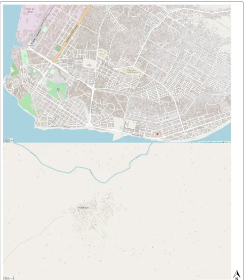 Fig. 2 Two screenshots directly from OpenStreetMap showing formal and informal building settlements in Beira City (top screenshot, accessible: http://www.opens treet map.org/#mapopens treet map.org/#map=15/-19.8344/34.8557) and a more rural area of Chibabava (bottom screenshot, accessible: http://www.=16/-20.2976/33.6509)