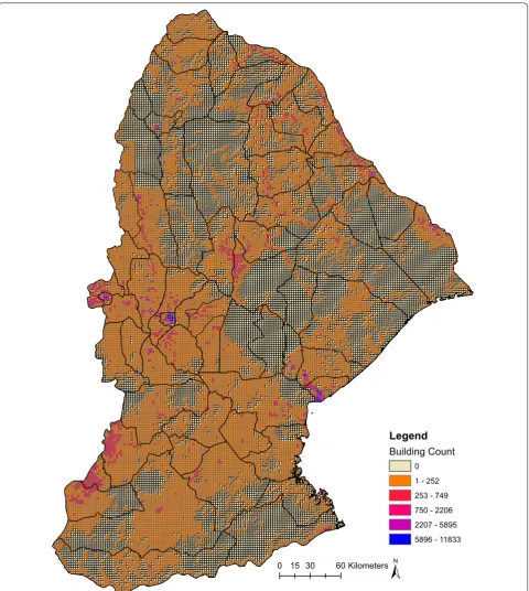 Fig. 3 Sofala and Manica provinces with primary sampling unit (PSU) grid overlaid and cells colored by number of buildings contained within each PSU