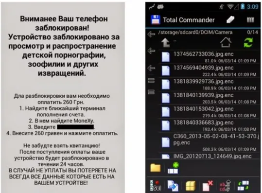Figure 7: Ransom message and encrypted files by Android/Simplocker.A [20]