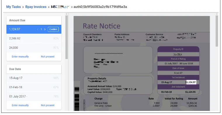 Figure 2:Our annotation and prediction veriﬁcation tool — SYPHT VALIDATE. Tasks are presentedwith ﬁelds to annotate on the left and the source document for extraction on the right