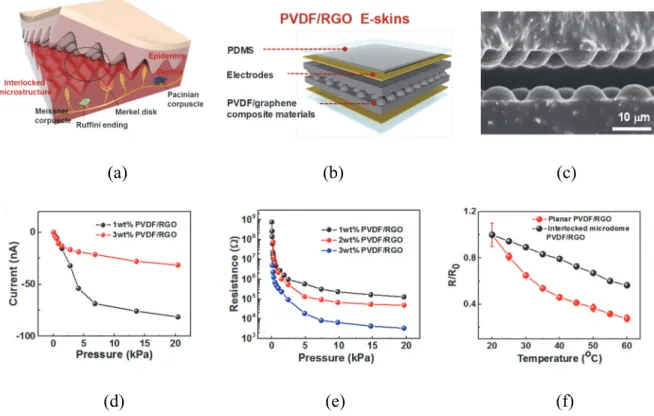 Fig.  15.  Human  fingertip  and  electrical  characteristic  of  e-skin  device:  (a)  structure  of  human fingertip (b) Inspired e-skin device from fingertip skin; (c) micrograph of e-skin device  (d) piezoelectric characteristic (e) piezoresistive char