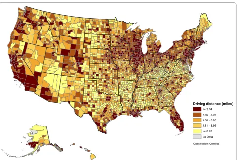 Fig. 2 Population-weighted driving distance to 7 nearest on-premise alcohol outlets, by counties, United States, 2013