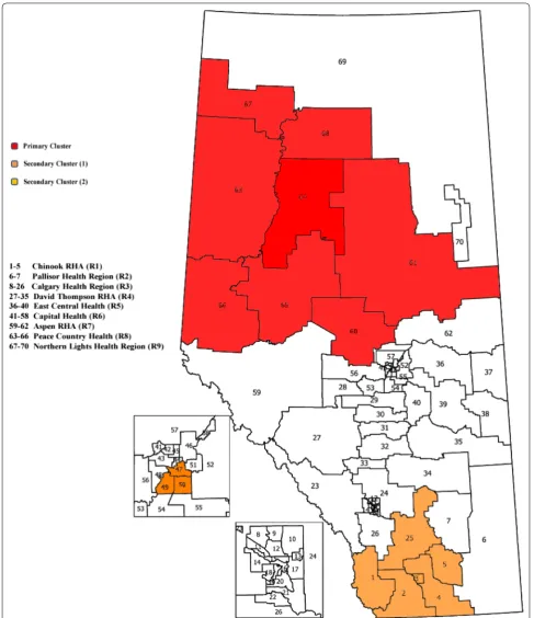 Fig. 1 Alberta map highlighting the primary and secondary clusters for the log-Weibull spatial scan statistic