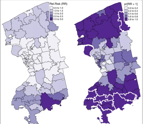 Fig. 4 Posterior mean E[exp(U)|Y] and risk‑exceedance probabilities pr[exp(U) > 1|Y] of the spatial random effects