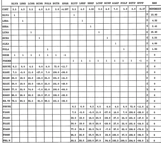 Figure 6. LP model matrix for two-blend problem 