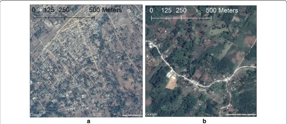Fig. 2 a Nigeria PGC Image (1 km × 1 km). b Guatemala PGC Image (1 km × 1 km)