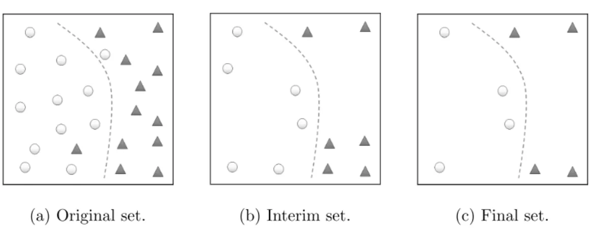 Figure 2.1: An example of instance selection performed on a data set with two classes.