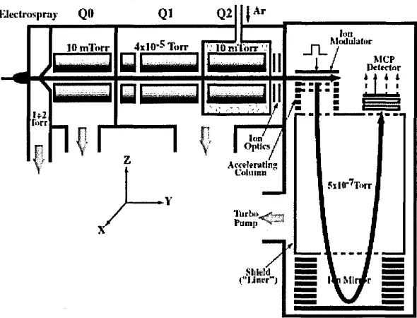 Figure 1.5 Schematic diagram of a standard quadruple time of flight mass spectrometer 