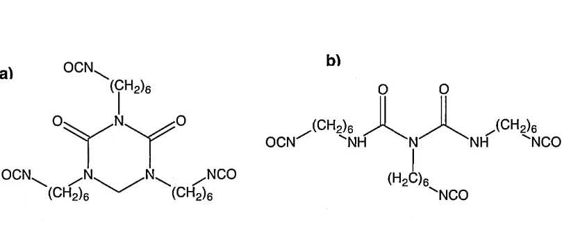 Figure 2.1 Pre-polymer forms of HDI: a) isocyanurate ring and b) HDI biuret