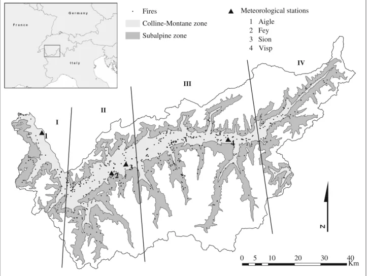 Figure 1. Study region (Valais) with the meteorological stations used in the study, altitudinal levels and ignition points of all documented fires with location information (1904–2006)