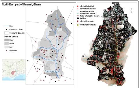 Fig. 1 Left hand: study area with community boundaries: we used Thiessen polygons to define the boundaries of communities that were unknown or ill defined