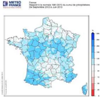 Figure 11. Cumulative precipitation in France from  September 2012-June 2013 compared with average 