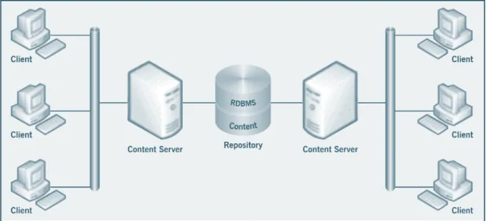 Figure 4.1.2: Example of a Multi-server, Multi-repository Environment  (Source: EMC Documentum)
