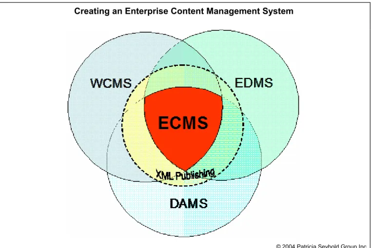 Illustration 1. An enterprise content management system (ECMS) combines the key capabilities of Web content  management systems (WCMSs), electronic document management systems (EDMSs), and digital asset  manage-ment systems (DAMSs)