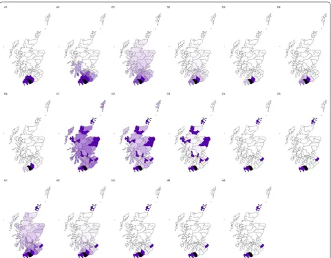 Fig. 1 Unnormalised weights for ‘area 43’, shaded black, in the Scottish lip cancer data set