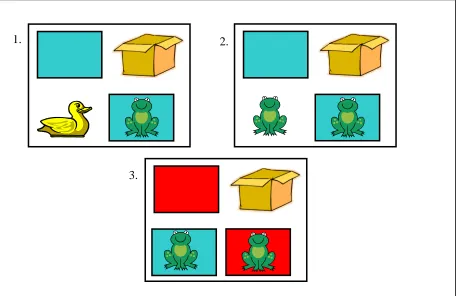 Figure 1 Examples of the array of objects used in a 1-referent (1) and a 2-referent (2) context in the Trueswell et al