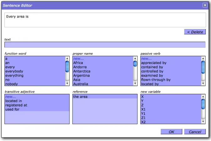 Figure 2: A screenshot of the predictive editor of AceWiki. The partial sentence Every area is has already beenentered and now the editor shows all possibilities to continue the sentence
