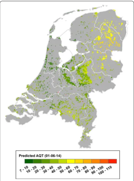 Fig. 7 Predicted AQT at the country level for June 1st of 2014. The map ranges from low values of tick activity (dark green) to high val‑ues of tick activity (red)