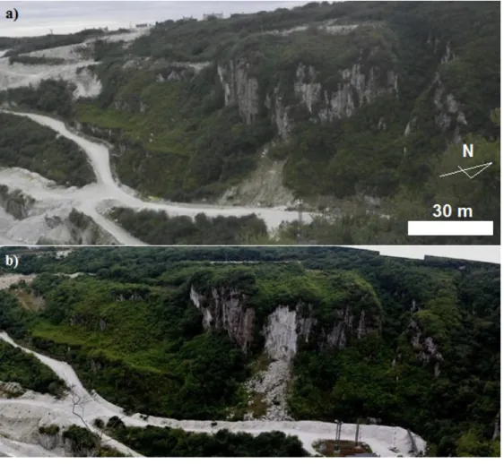 Figure 2. Photographic comparison of the rockfall (a) October 2013 and (b) August 2018