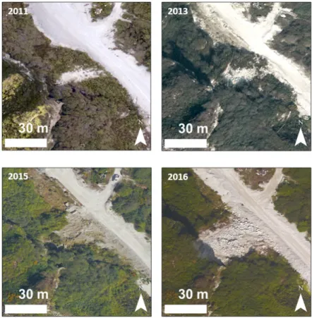 Figure 5. Orthorectified aerial imagery of the rockfall area. The sequence shows the activity of the  rockfall, from its initial condition (top left), to the development of the rockfall at the whole slope scale  in 2013 (top right), and the subsequent main