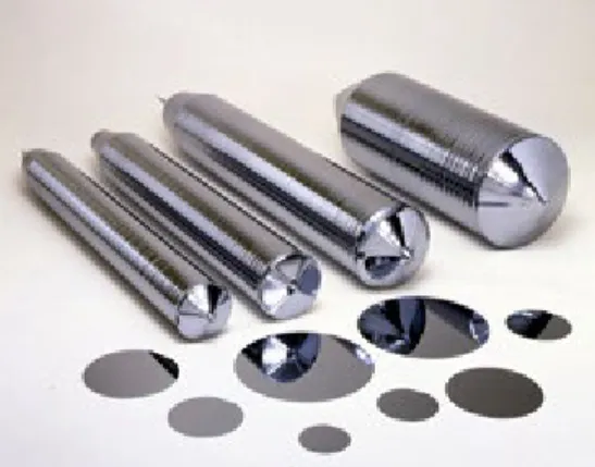 Figure 23.4: Silicon ingots and polished wafers.    