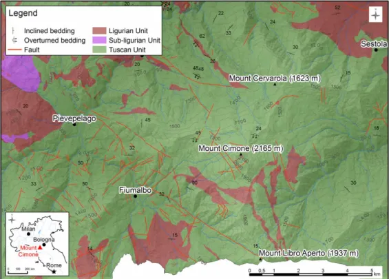 Figure 1. Geological sketch of the Mount Cimone area. Main geological units described in the text and the general structural setting are shown.