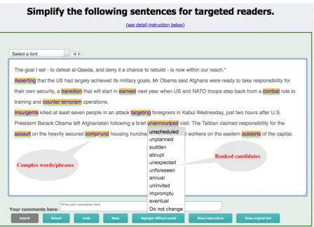 Figure 1: The Par4Sim UI as it is displayed inside the MTurk webpage with the instruction ”Simplify thefollowing sentences for targeted readers”