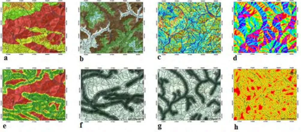 Figure 3 – The causative factors, a. lithology, b. elevation, c. slope, d. aspect, e. distance to  geological boundary, f