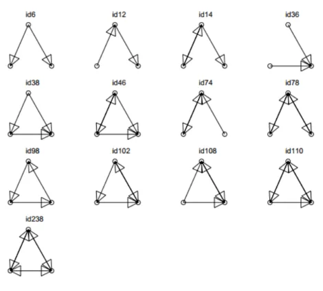 Figure 2.7: The three node subgraphs examined by Petric and Grbac [2014].